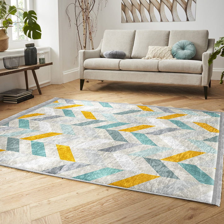 Modern Motif Rug|Boho Style Carpet|Machine-Washable Fringed Non-Slip Rug|Stylish Multi-Purpose Anti-Slip Carpet|Geometric Living Room Rug