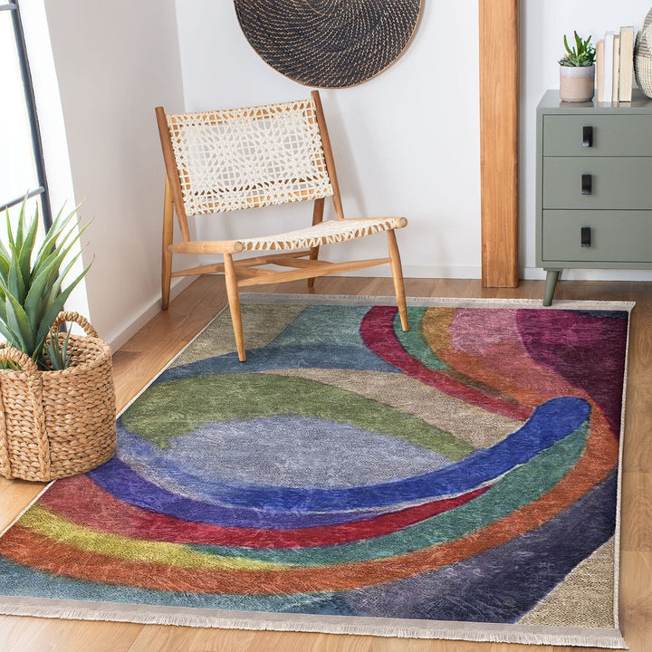 Colorful Area Rug|Boho Style Carpet|Machine-Washable Fringed Non-Slip Rug|Farmhouse Multi-Purpose Anti-Slip Carpet|Abstract Living Room Rug