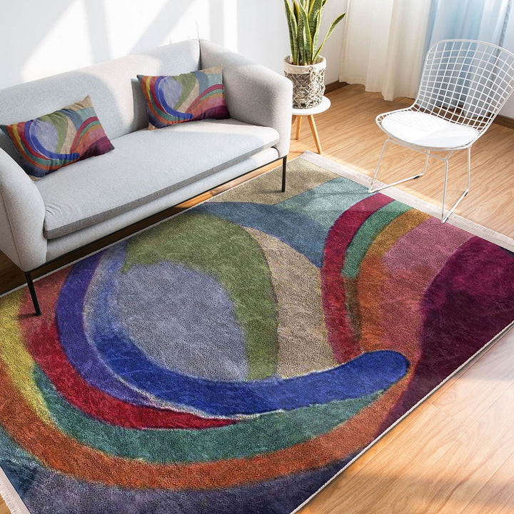 Colorful Area Rug|Boho Style Carpet|Machine-Washable Fringed Non-Slip Rug|Farmhouse Multi-Purpose Anti-Slip Carpet|Abstract Living Room Rug