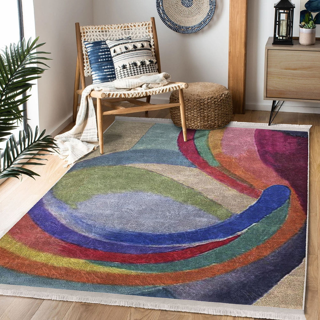Colorful Area Rug|Boho Style Carpet|Machine-Washable Fringed Non-Slip Rug|Farmhouse Multi-Purpose Anti-Slip Carpet|Abstract Living Room Rug