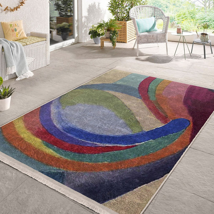 Colorful Area Rug|Boho Style Carpet|Machine-Washable Fringed Non-Slip Rug|Farmhouse Multi-Purpose Anti-Slip Carpet|Abstract Living Room Rug