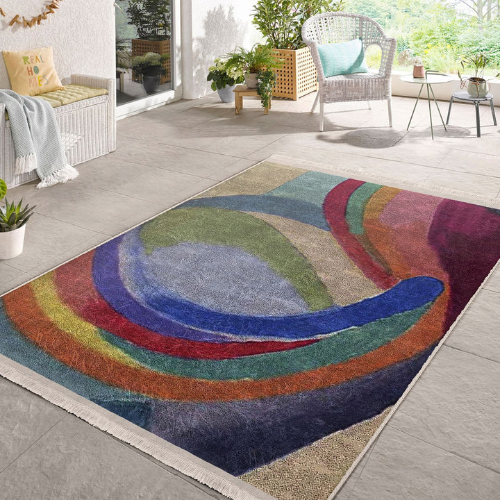 Colorful Area Rug|Boho Style Carpet|Machine-Washable Fringed Non-Slip Rug|Farmhouse Multi-Purpose Anti-Slip Carpet|Abstract Living Room Rug