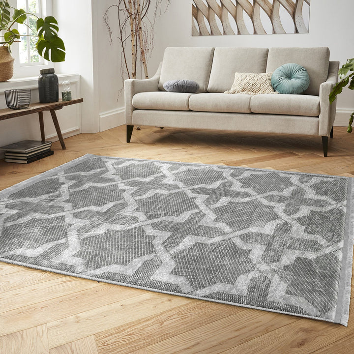 Geometric Area Rug|Boho Gray Carpet|Machine-Washable Fringed Non-Slip Rug|Farmhouse Multi-Purpose Anti-Slip Carpet|Abstract Living Room Rug