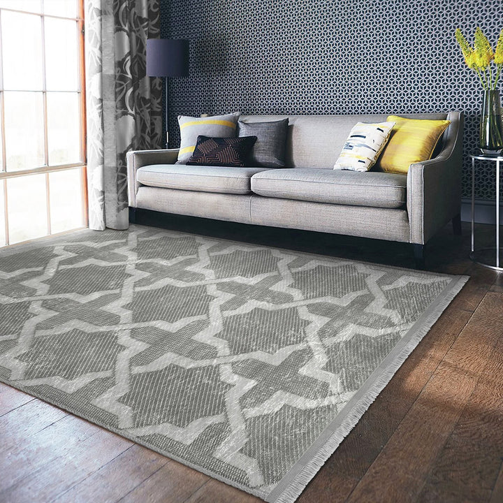 Geometric Area Rug|Boho Gray Carpet|Machine-Washable Fringed Non-Slip Rug|Farmhouse Multi-Purpose Anti-Slip Carpet|Abstract Living Room Rug