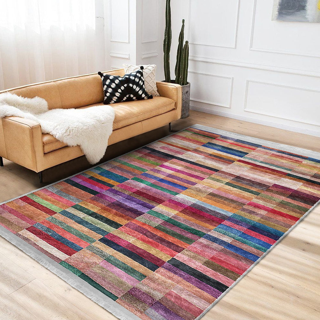 Abstract Area Rug|Bold Lines Carpet|Machine-Washable Fringed Non-Slip Rug|Colorful Multi-Purpose Anti-Slip Carpet|Abstract Living Room Rug