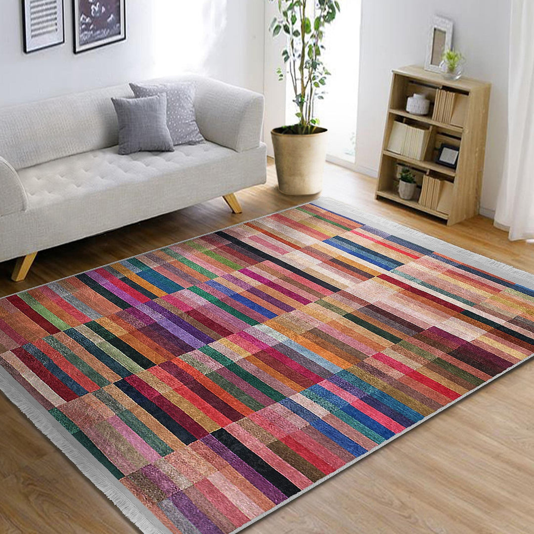 Abstract Area Rug|Bold Lines Carpet|Machine-Washable Fringed Non-Slip Rug|Colorful Multi-Purpose Anti-Slip Carpet|Abstract Living Room Rug