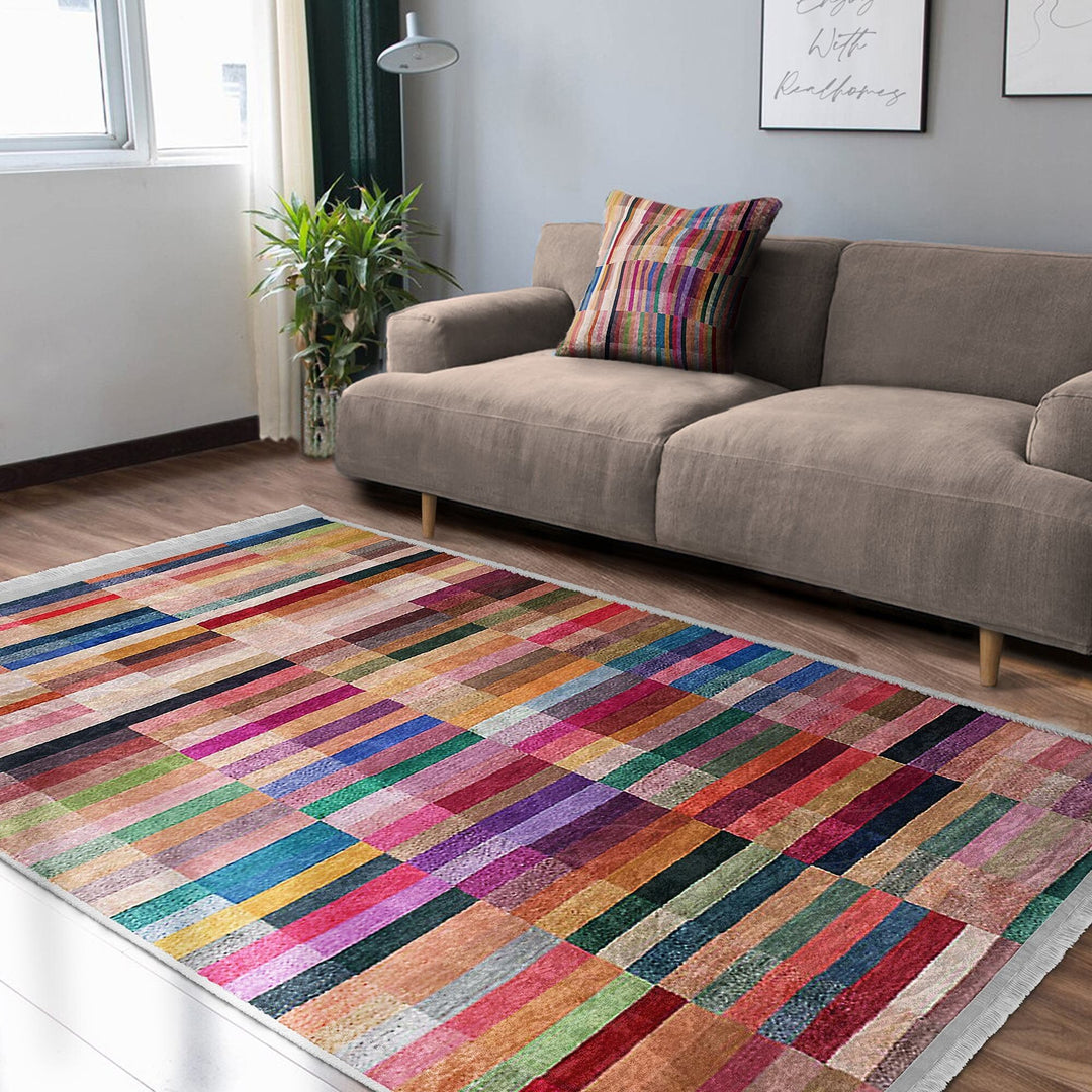 Abstract Area Rug|Bold Lines Carpet|Machine-Washable Fringed Non-Slip Rug|Colorful Multi-Purpose Anti-Slip Carpet|Abstract Living Room Rug