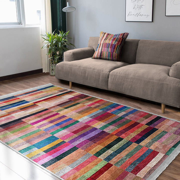 Abstract Area Rug|Bold Lines Carpet|Machine-Washable Fringed Non-Slip Rug|Colorful Multi-Purpose Anti-Slip Carpet|Abstract Living Room Rug