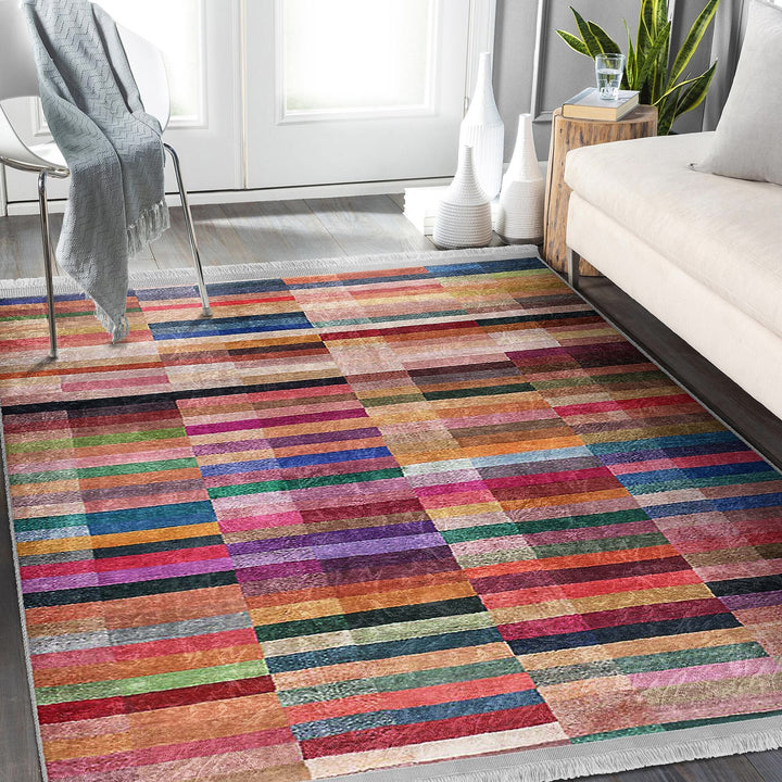 Abstract Area Rug|Bold Lines Carpet|Machine-Washable Fringed Non-Slip Rug|Colorful Multi-Purpose Anti-Slip Carpet|Abstract Living Room Rug