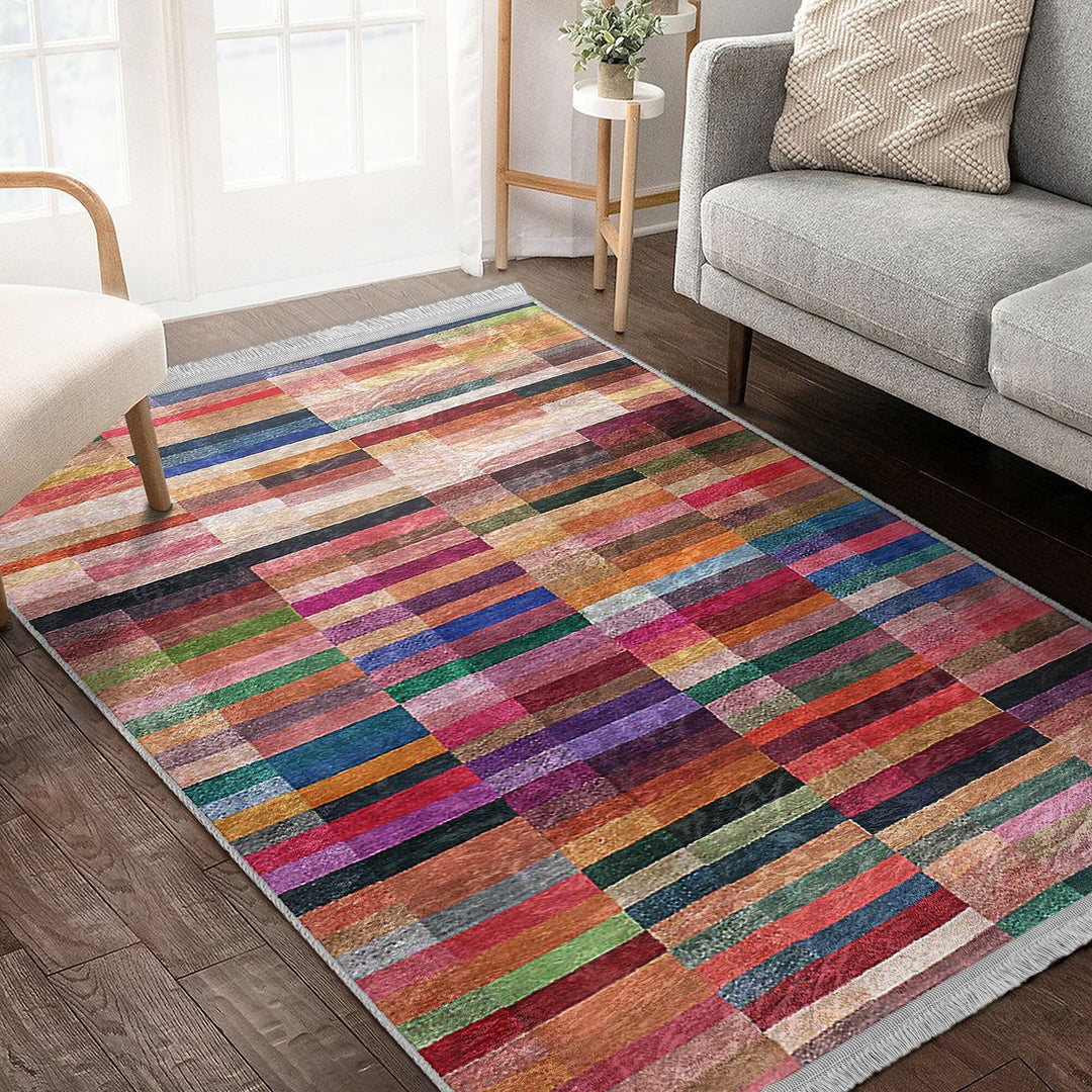 Abstract Area Rug|Bold Lines Carpet|Machine-Washable Fringed Non-Slip Rug|Colorful Multi-Purpose Anti-Slip Carpet|Abstract Living Room Rug