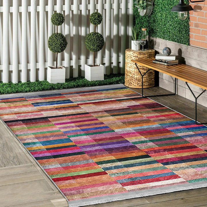 Abstract Area Rug|Bold Lines Carpet|Machine-Washable Fringed Non-Slip Rug|Colorful Multi-Purpose Anti-Slip Carpet|Abstract Living Room Rug