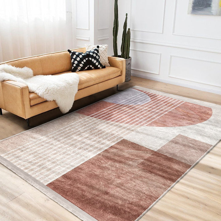 Abstract Area Rug|Brick Color Carpet|Machine-Washable Fringed Non-Slip Rug|Stylish Multi-Purpose Anti-Slip Carpet|Decorative Living Room Rug