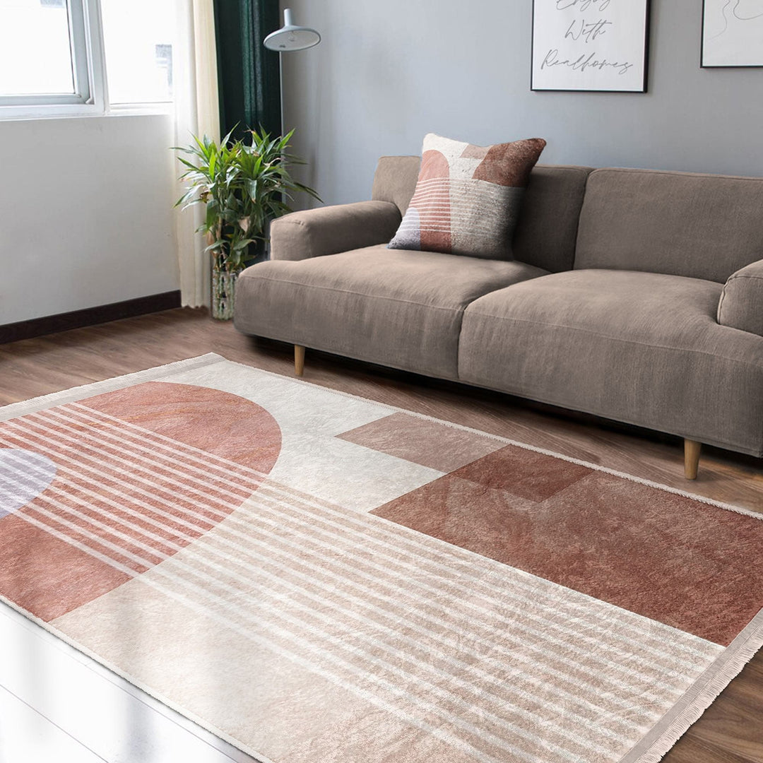 Abstract Area Rug|Brick Color Carpet|Machine-Washable Fringed Non-Slip Rug|Stylish Multi-Purpose Anti-Slip Carpet|Decorative Living Room Rug