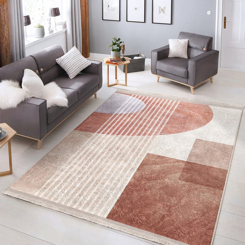 Abstract Area Rug|Brick Color Carpet|Machine-Washable Fringed Non-Slip Rug|Stylish Multi-Purpose Anti-Slip Carpet|Decorative Living Room Rug