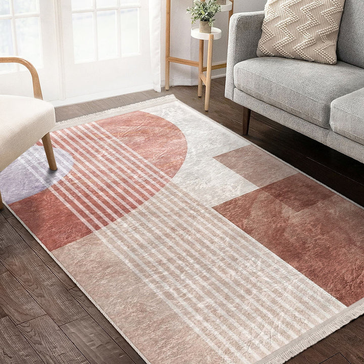 Abstract Area Rug|Brick Color Carpet|Machine-Washable Fringed Non-Slip Rug|Stylish Multi-Purpose Anti-Slip Carpet|Decorative Living Room Rug