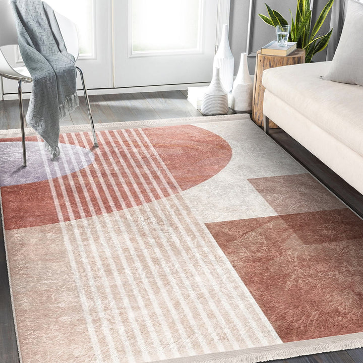 Abstract Area Rug|Brick Color Carpet|Machine-Washable Fringed Non-Slip Rug|Stylish Multi-Purpose Anti-Slip Carpet|Decorative Living Room Rug