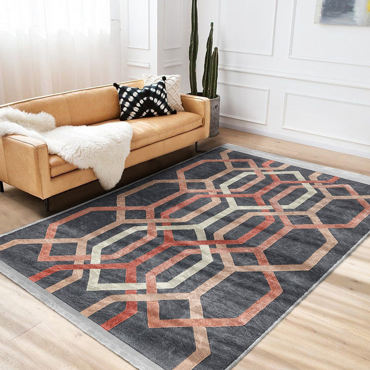 Hexagon Pattern Rug|Abstract Geometric Area Carpet|Multi-Purpose Anti-Slip Living Room Rug|Boho Carpet|Machine-Washable Fringed Non-Slip Rug