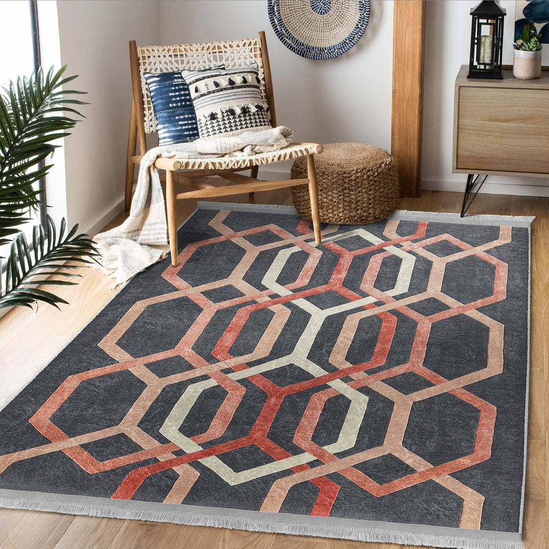 Hexagon Pattern Rug|Abstract Geometric Area Carpet|Multi-Purpose Anti-Slip Living Room Rug|Boho Carpet|Machine-Washable Fringed Non-Slip Rug
