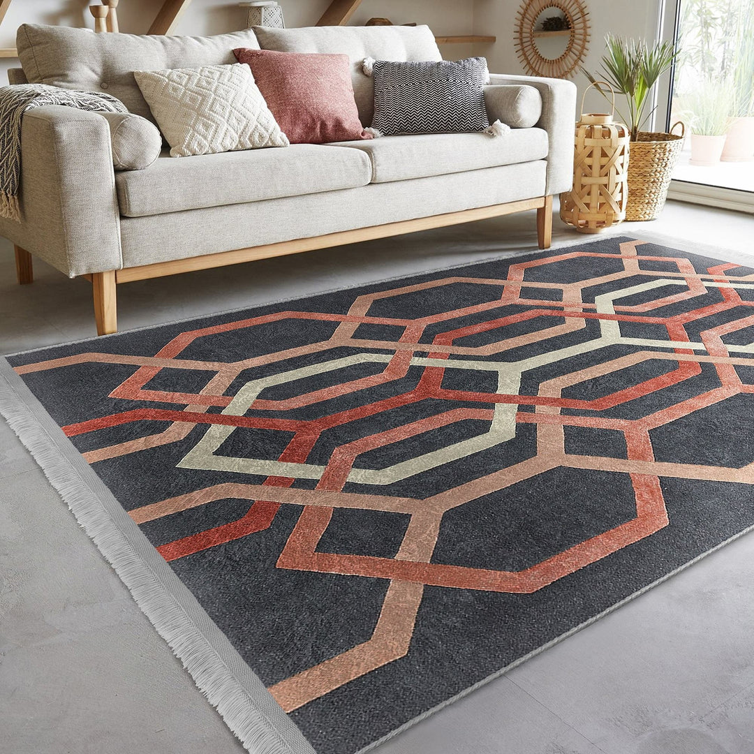 Hexagon Pattern Rug|Abstract Geometric Area Carpet|Multi-Purpose Anti-Slip Living Room Rug|Boho Carpet|Machine-Washable Fringed Non-Slip Rug