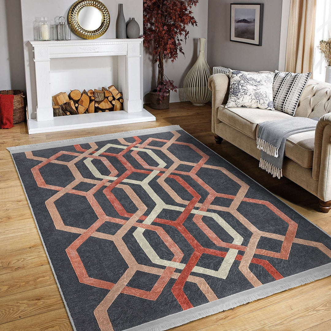 Hexagon Pattern Rug|Abstract Geometric Area Carpet|Multi-Purpose Anti-Slip Living Room Rug|Boho Carpet|Machine-Washable Fringed Non-Slip Rug
