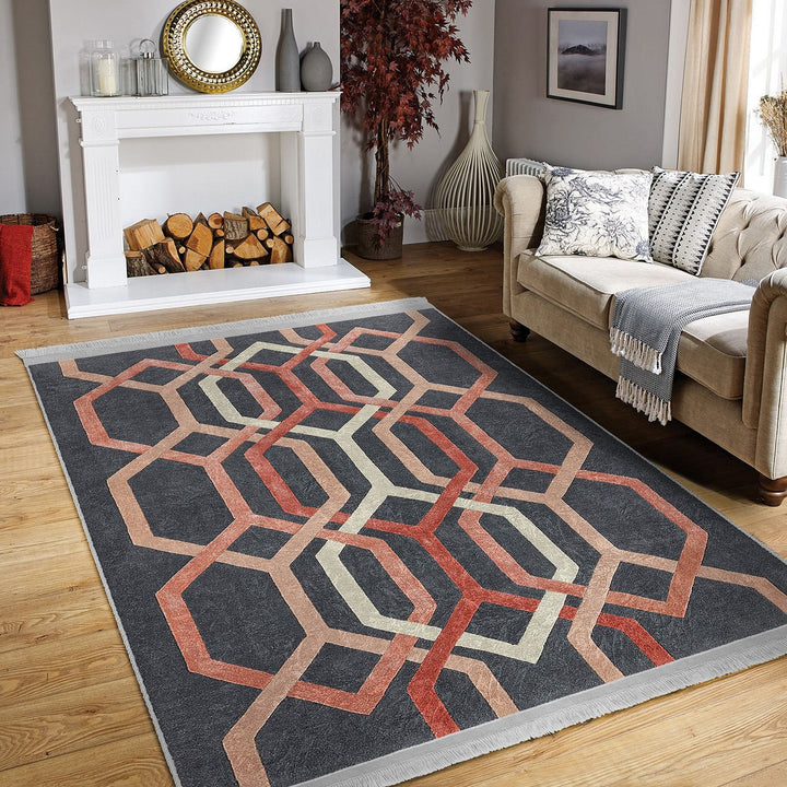 Hexagon Pattern Rug|Abstract Geometric Area Carpet|Multi-Purpose Anti-Slip Living Room Rug|Boho Carpet|Machine-Washable Fringed Non-Slip Rug