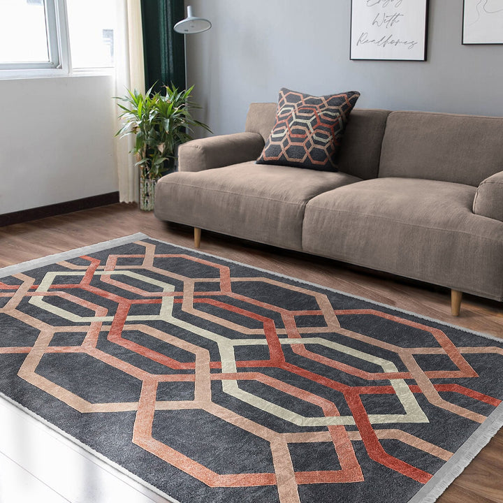 Hexagon Pattern Rug|Abstract Geometric Area Carpet|Multi-Purpose Anti-Slip Living Room Rug|Boho Carpet|Machine-Washable Fringed Non-Slip Rug