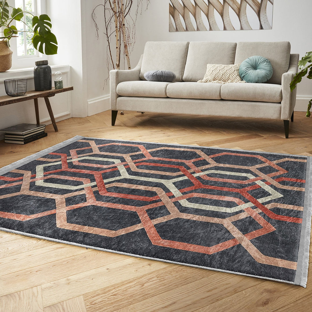 Hexagon Pattern Rug|Abstract Geometric Area Carpet|Multi-Purpose Anti-Slip Living Room Rug|Boho Carpet|Machine-Washable Fringed Non-Slip Rug
