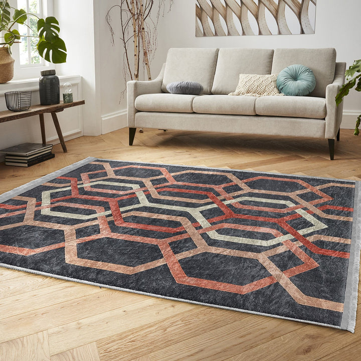 Hexagon Pattern Rug|Abstract Geometric Area Carpet|Multi-Purpose Anti-Slip Living Room Rug|Boho Carpet|Machine-Washable Fringed Non-Slip Rug