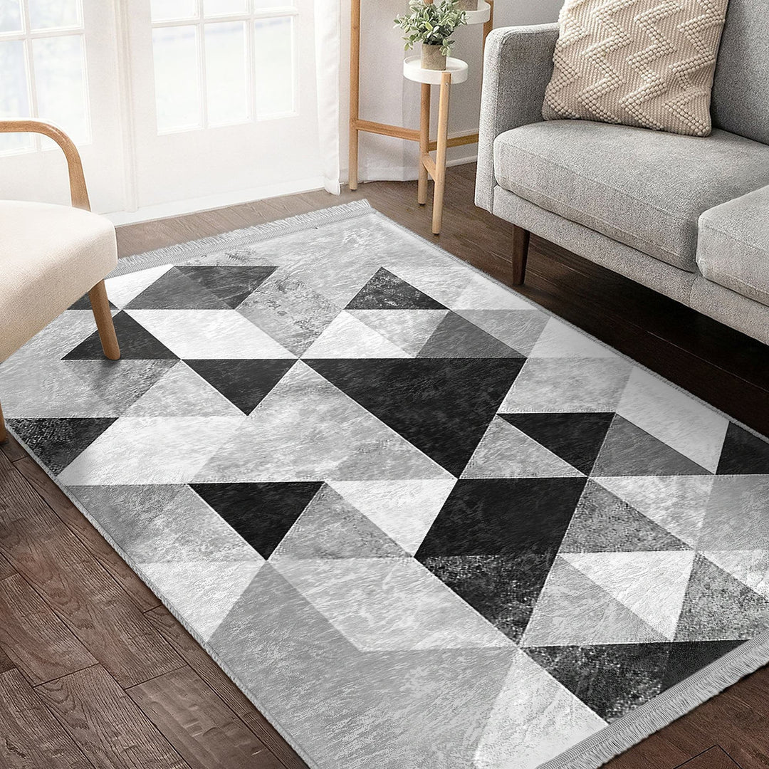 Geometric Area Rug|Boho Style Abstract Carpet|Machine-Washable Fringed Non-Slip Rug|Triangle Pattern Multi-Purpose Anti-Slip Living Room Rug