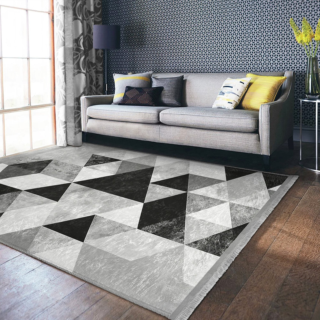 Geometric Area Rug|Boho Style Abstract Carpet|Machine-Washable Fringed Non-Slip Rug|Triangle Pattern Multi-Purpose Anti-Slip Living Room Rug