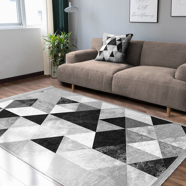 Geometric Area Rug|Boho Style Abstract Carpet|Machine-Washable Fringed Non-Slip Rug|Triangle Pattern Multi-Purpose Anti-Slip Living Room Rug