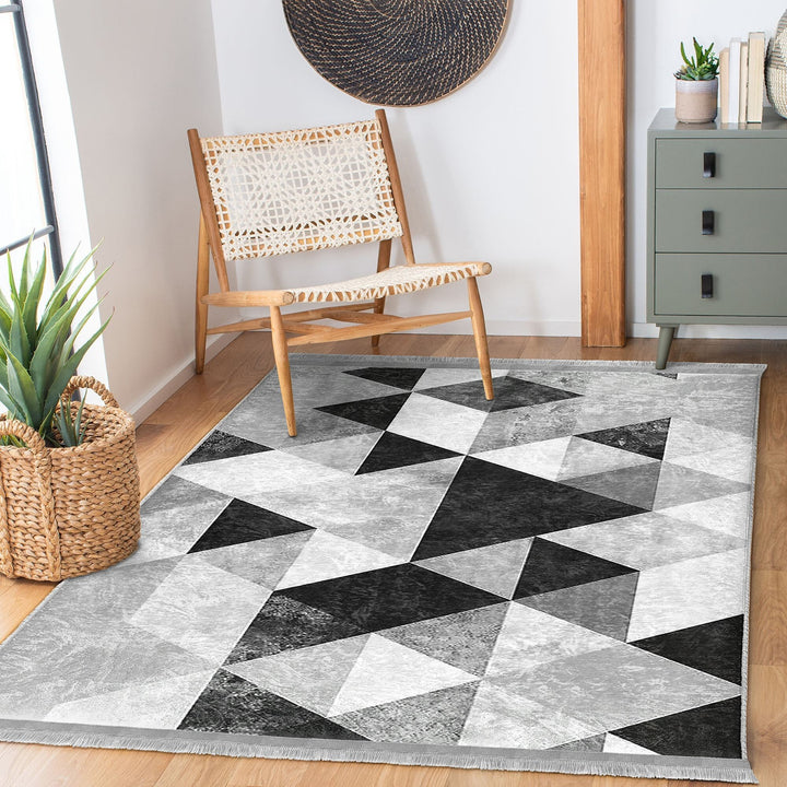 Geometric Area Rug|Boho Style Abstract Carpet|Machine-Washable Fringed Non-Slip Rug|Triangle Pattern Multi-Purpose Anti-Slip Living Room Rug