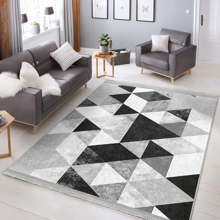Geometric Area Rug|Boho Style Abstract Carpet|Machine-Washable Fringed Non-Slip Rug|Triangle Pattern Multi-Purpose Anti-Slip Living Room Rug