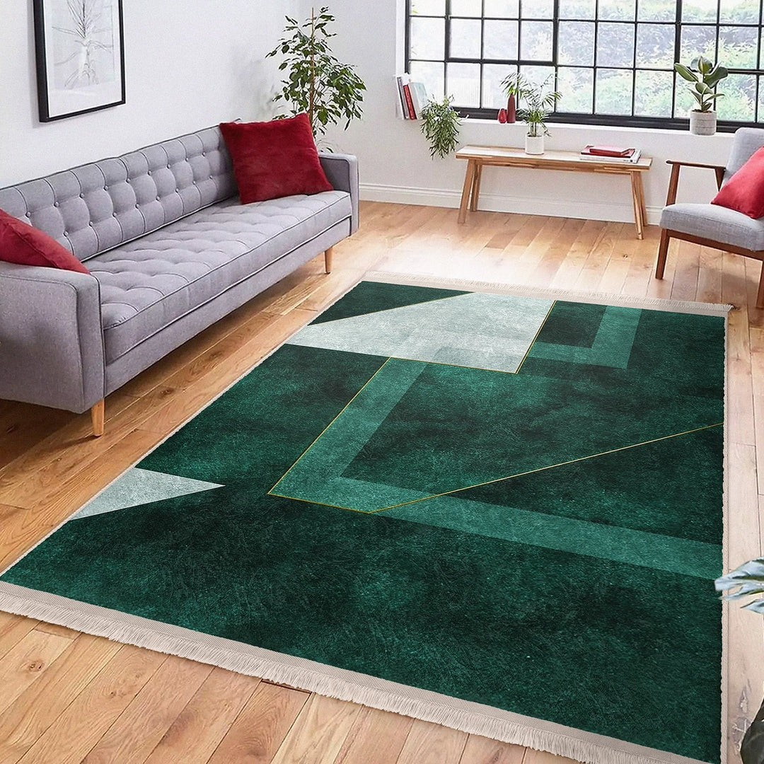 Abstract Green Rug|Stylish Area Carpet|Decorative Carpet|Machine-Washable Fringed Non-Slip Rug|Multi-Purpose Anti-Slip Floor Covering Rug