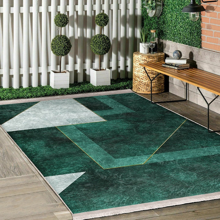 Abstract Green Rug|Stylish Area Carpet|Decorative Carpet|Machine-Washable Fringed Non-Slip Rug|Multi-Purpose Anti-Slip Floor Covering Rug