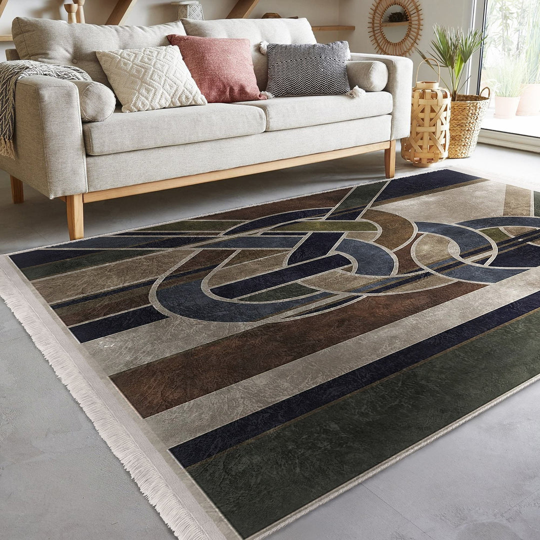 Abstract Area Rug|Boho Style Carpet|Machine-Washable Fringed Non-Slip Rug|Decorative Multi-Purpose Anti-Slip Mat|Geometric Floor Covering