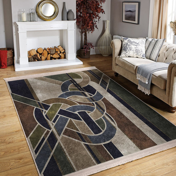 Abstract Area Rug|Boho Style Carpet|Machine-Washable Fringed Non-Slip Rug|Decorative Multi-Purpose Anti-Slip Mat|Geometric Floor Covering