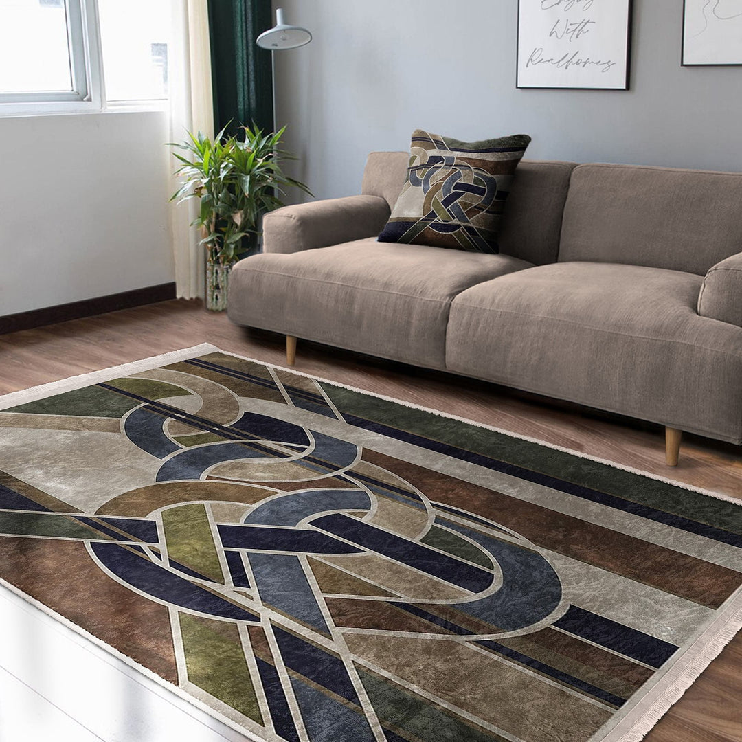 Abstract Area Rug|Boho Style Carpet|Machine-Washable Fringed Non-Slip Rug|Decorative Multi-Purpose Anti-Slip Mat|Geometric Floor Covering