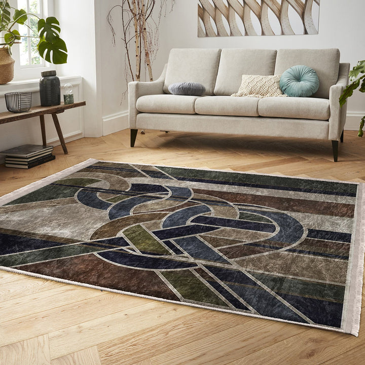 Abstract Area Rug|Boho Style Carpet|Machine-Washable Fringed Non-Slip Rug|Decorative Multi-Purpose Anti-Slip Mat|Geometric Floor Covering