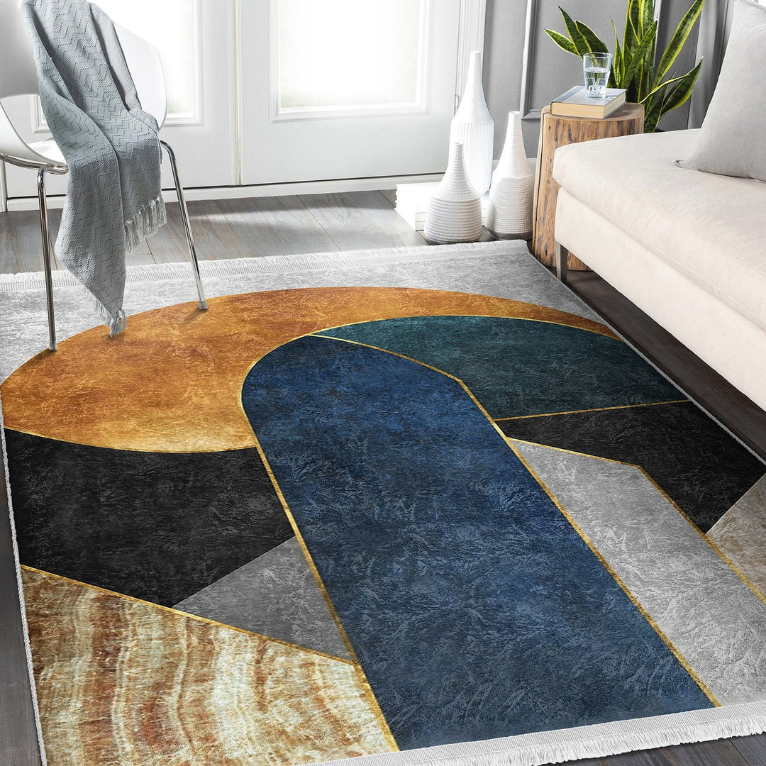 Abstract Shapes Rug|Boho Home Decor|Machine-Washable Fringed Non-Slip Mat|Avantgarde Multi-Purpose Anti-Slip Carpet|Stylish Living Room Rug