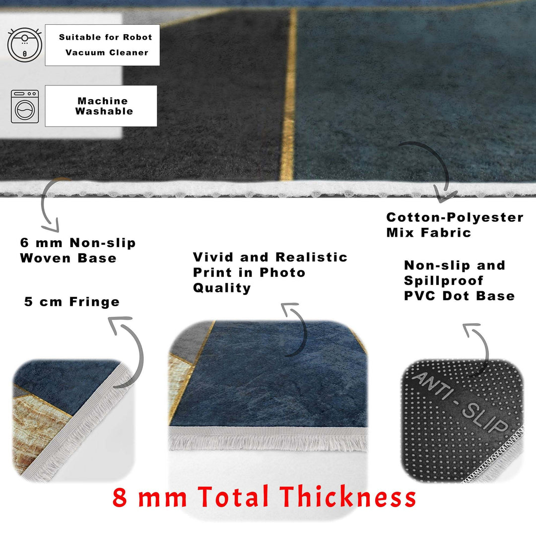 Abstract Shapes Rug|Boho Home Decor|Machine-Washable Fringed Non-Slip Mat|Avantgarde Multi-Purpose Anti-Slip Carpet|Stylish Living Room Rug