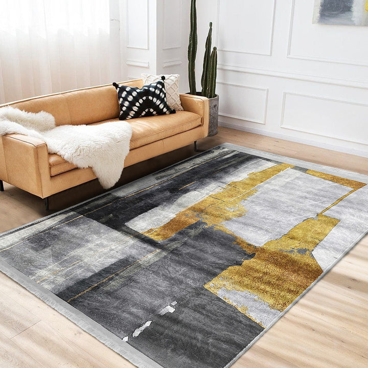 Abstract Area Rug|Gray Yellow Carpet|Machine-Washable Fringed Non-Slip Rug|Farmhouse Multi-Purpose Anti-Slip Carpet|Stylish Living Room Mat