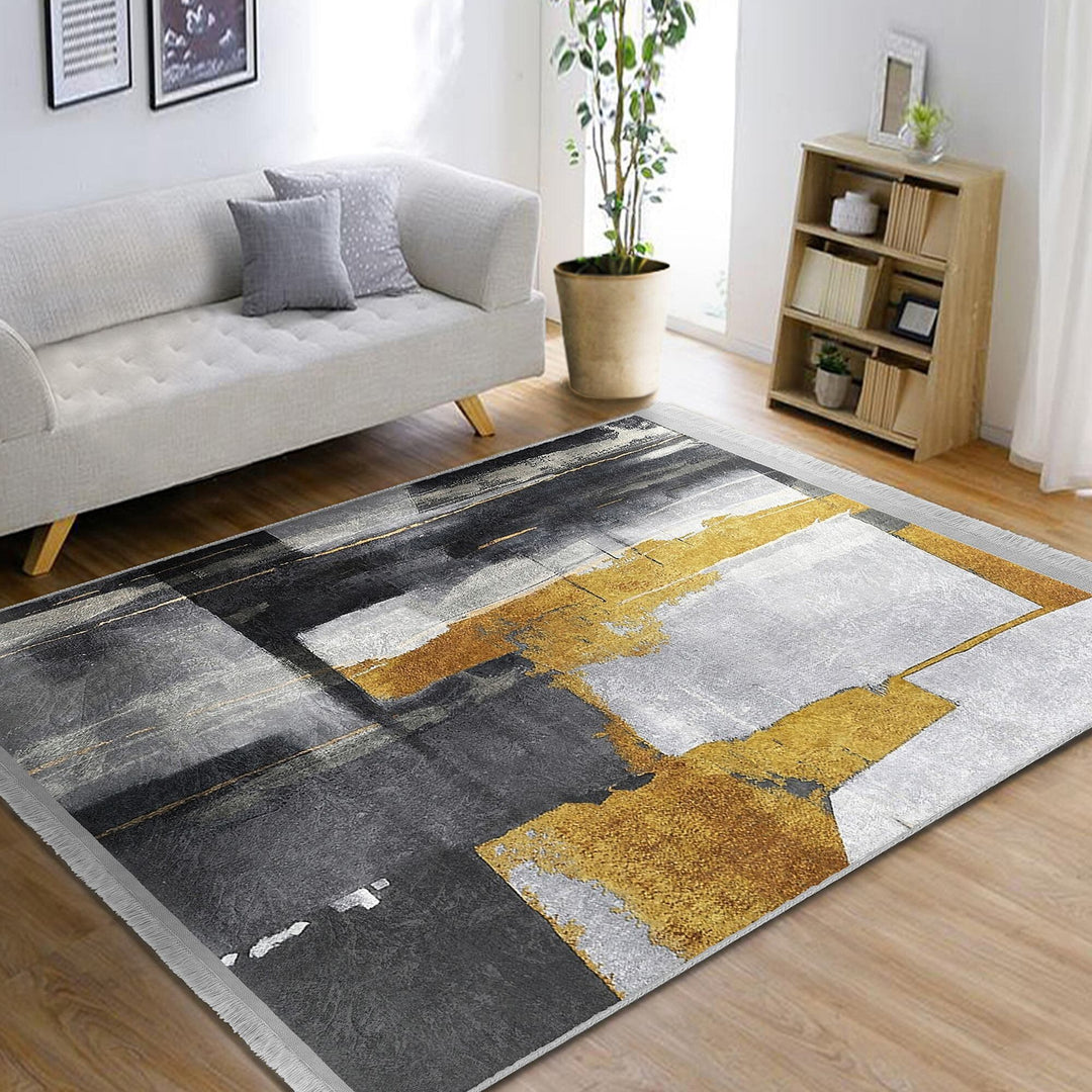 Abstract Area Rug|Gray Yellow Carpet|Machine-Washable Fringed Non-Slip Rug|Farmhouse Multi-Purpose Anti-Slip Carpet|Stylish Living Room Mat