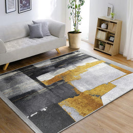 Abstract Area Rug|Gray Yellow Carpet|Machine-Washable Fringed Non-Slip Rug|Farmhouse Multi-Purpose Anti-Slip Carpet|Stylish Living Room Mat