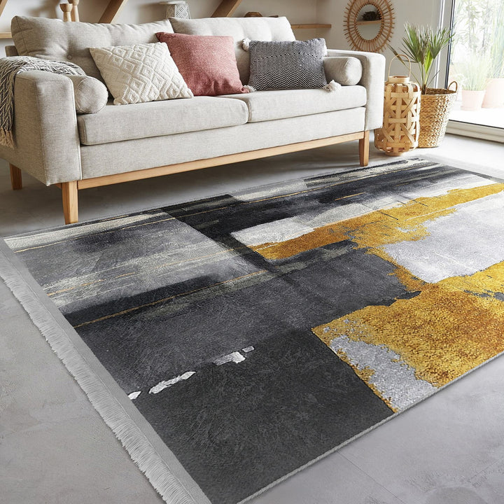 Abstract Area Rug|Gray Yellow Carpet|Machine-Washable Fringed Non-Slip Rug|Farmhouse Multi-Purpose Anti-Slip Carpet|Stylish Living Room Mat