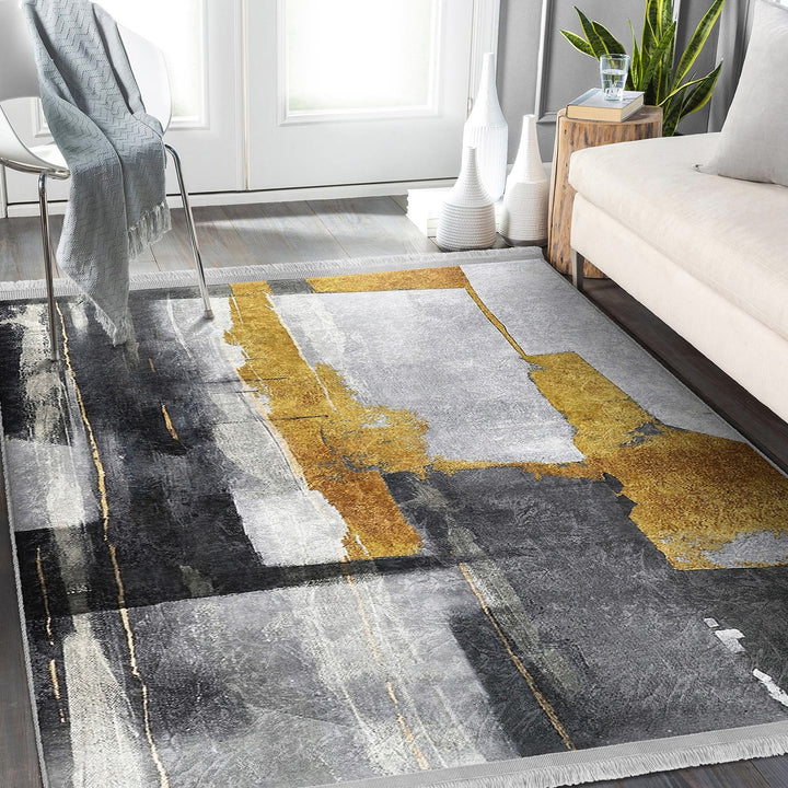Abstract Area Rug|Gray Yellow Carpet|Machine-Washable Fringed Non-Slip Rug|Farmhouse Multi-Purpose Anti-Slip Carpet|Stylish Living Room Mat