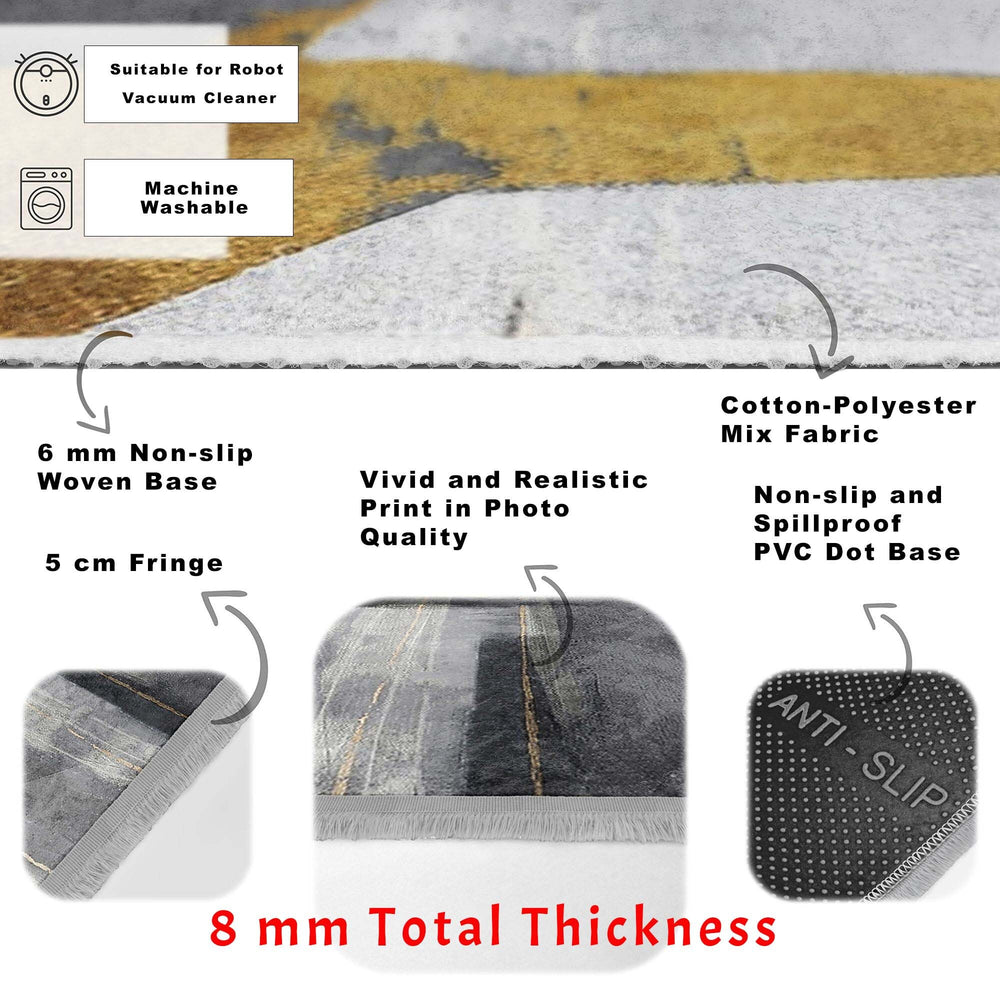 Abstract Area Rug|Gray Yellow Carpet|Machine-Washable Fringed Non-Slip Rug|Farmhouse Multi-Purpose Anti-Slip Carpet|Stylish Living Room Mat