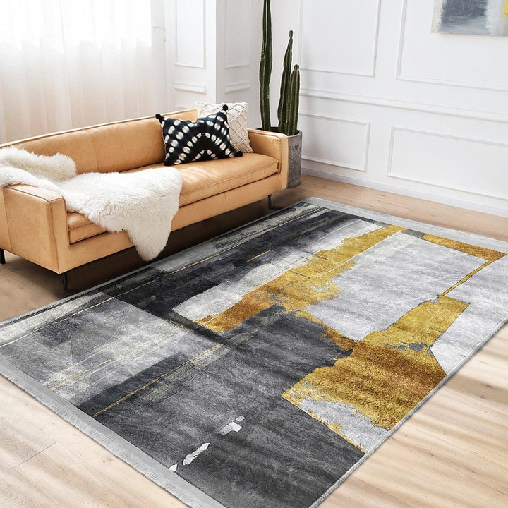 Abstract Area Rug|Gray Yellow Carpet|Machine-Washable Fringed Non-Slip Rug|Farmhouse Multi-Purpose Anti-Slip Carpet|Stylish Living Room Mat