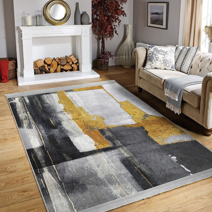 Abstract Area Rug|Gray Yellow Carpet|Machine-Washable Fringed Non-Slip Rug|Farmhouse Multi-Purpose Anti-Slip Carpet|Stylish Living Room Mat