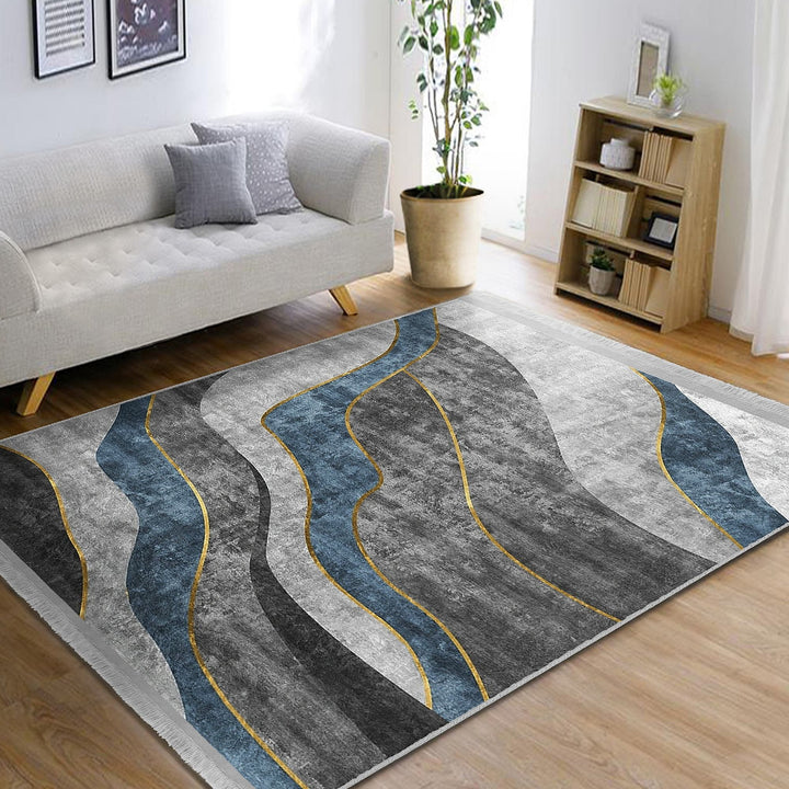 Abstract Area Rug|Gray Blue Carpet|Machine-Washable Fringed Non-Slip Mat|Farmhouse Multi-Purpose Anti-Slip Carpet|Bohemian Living Room Rug